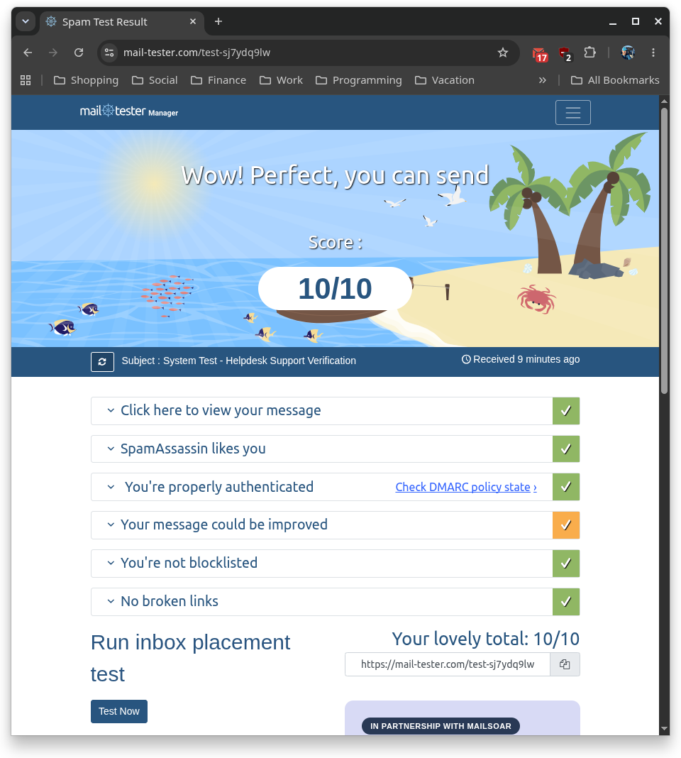 Mail-Tester 10 out of 10 Score Result