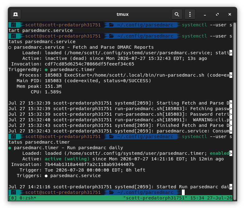 systemctl status output for parsedmarc service and timer
