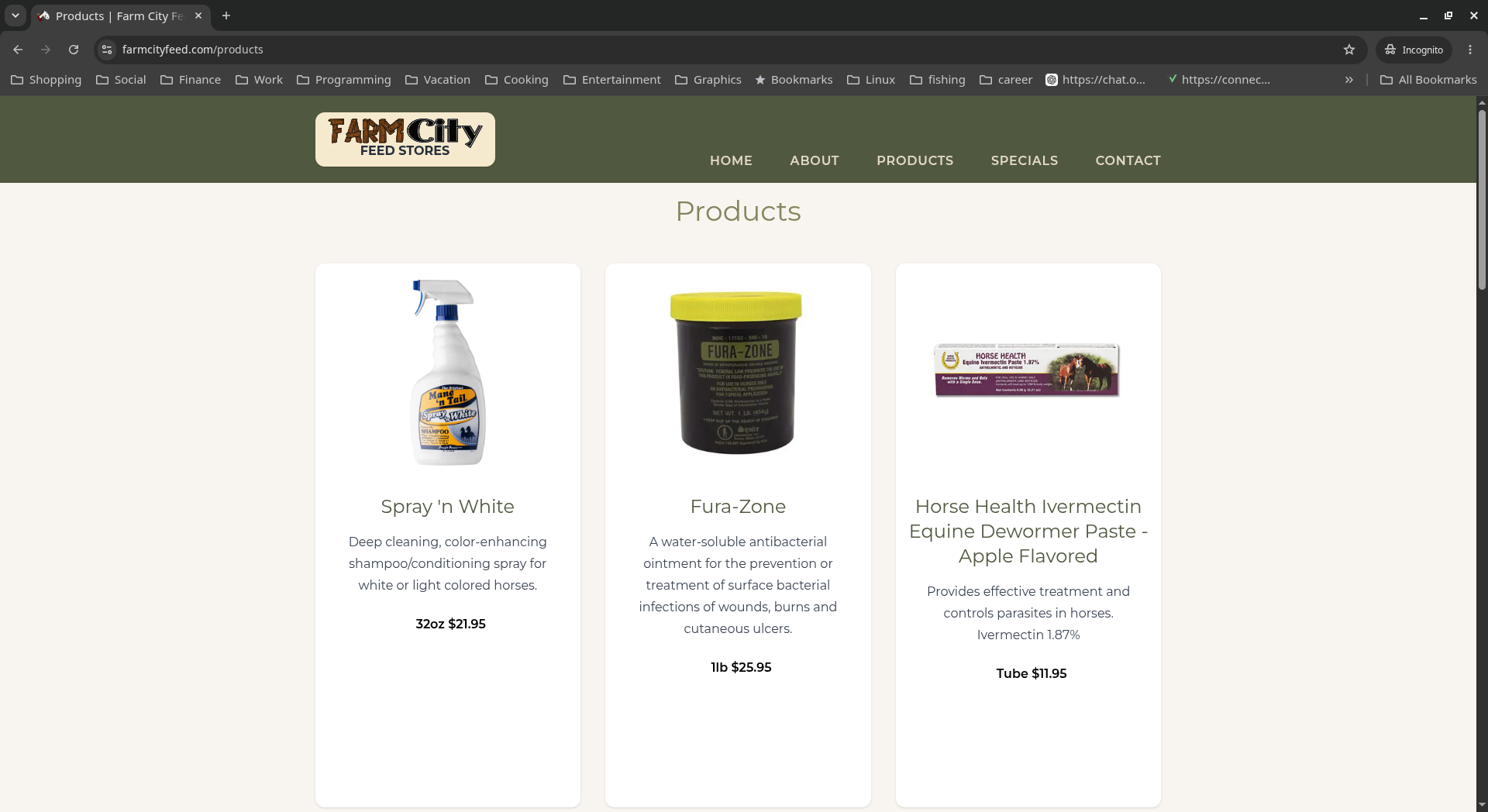Farm City Feed Stores product page after the image and card layout fixes